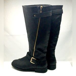 Black Faux Leather Women’s Boots w/Zippers,Straps, & Buckles